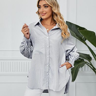 Women's Striped Button-Down Shirt Loose Fit with Gathered Cuffs