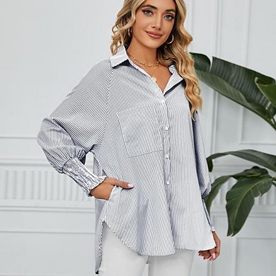 Women's Striped Button-Down Shirt Loose Fit with Gathered Cuffs