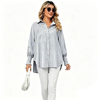Women's Striped Button-Down Shirt Loose Fit with Gathered Cuffs
