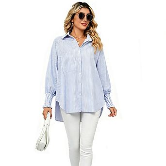 Women's Striped Button-Down Shirt Loose Fit with Gathered Cuffs