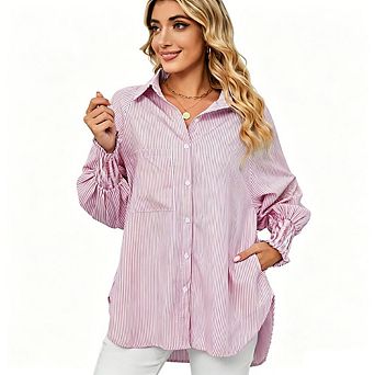 Women's Striped Button-Down Shirt Loose Fit with Gathered Cuffs