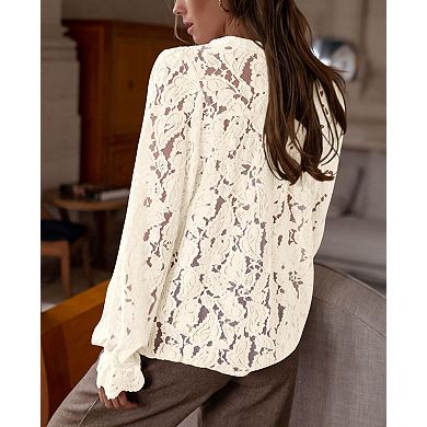 Women's Lace Button-Up Blouse Long Sleeve Crochet Hollow Out Shirt
