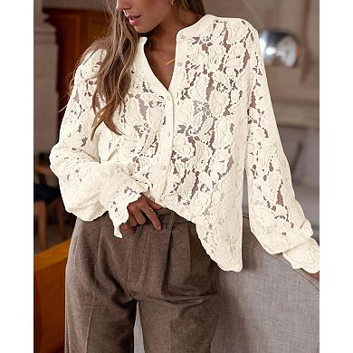 Women's Lace Button-Up Blouse Long Sleeve Crochet Hollow Out Shirt