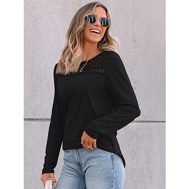 Women's Lace Trim Long Sleeve Top Casual Hollow Out Crew Neck Blouse