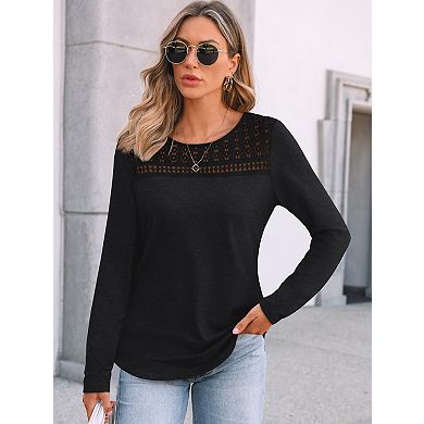 Women's Lace Trim Long Sleeve Top Casual Hollow Out Crew Neck Blouse