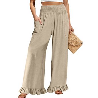 Womens Wide Leg High Elastic Waist Palazzo Pants Ruffle Hem Baggy Boho Beach Vacation Trousers