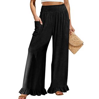 Womens Wide Leg High Elastic Waist Palazzo Pants Ruffle Hem Baggy Boho Beach Vacation Trousers