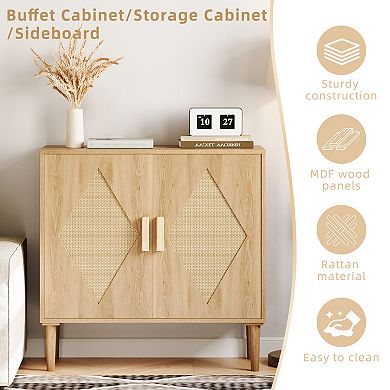 Sideboard Buffet Cabinet, Kitchen Storage Cabinet with Rattan Decorated Doors