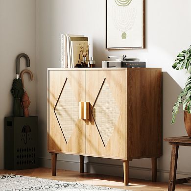 Sideboard Buffet Cabinet, Kitchen Storage Cabinet with Rattan Decorated Doors
