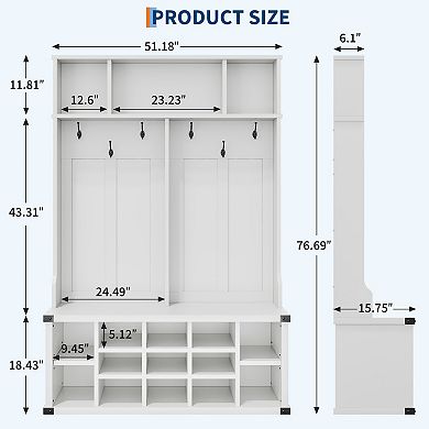 77" Large Hall Tree with Shoe Storage & Bench