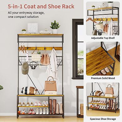 Hall Tree w/Bench and Shoe Storage, Coat and Shoe Rack w/Adjustable Shelf, Shoe Bench w/Coat rack