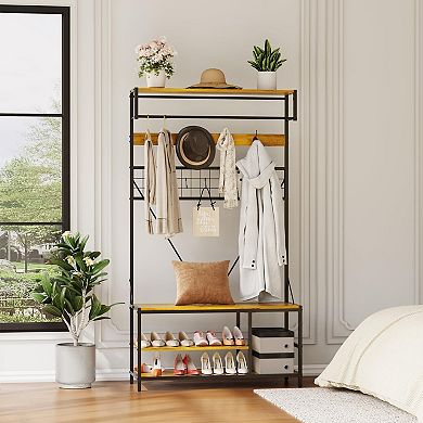 Hall Tree w/Bench and Shoe Storage, Coat and Shoe Rack w/Adjustable Shelf, Shoe Bench w/Coat rack