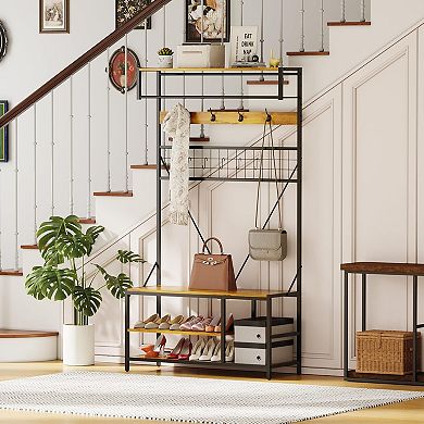 Hall Tree w/Bench and Shoe Storage, Coat and Shoe Rack w/Adjustable Shelf, Shoe Bench w/Coat rack