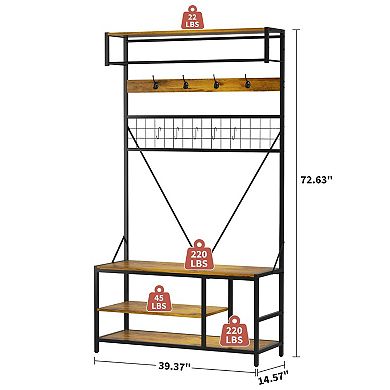 Hall Tree w/Bench and Shoe Storage, Coat and Shoe Rack w/Adjustable Shelf, Shoe Bench w/Coat rack
