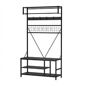 Hall Tree w/Bench and Shoe Storage, Coat and Shoe Rack w/Adjustable Shelf, Shoe Bench w/Coat rack