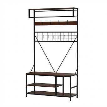 Hall Tree w/Bench and Shoe Storage, Coat and Shoe Rack w/Adjustable Shelf, Shoe Bench w/Coat rack