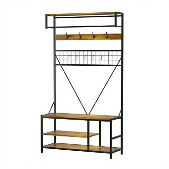 Hall Tree w/Bench and Shoe Storage, Coat and Shoe Rack w/Adjustable Shelf, Shoe Bench w/Coat rack