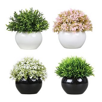Mini Faux Greenery Artificial Potted Plants 4 pc in Small White Pot for Indoor Table Home Decor