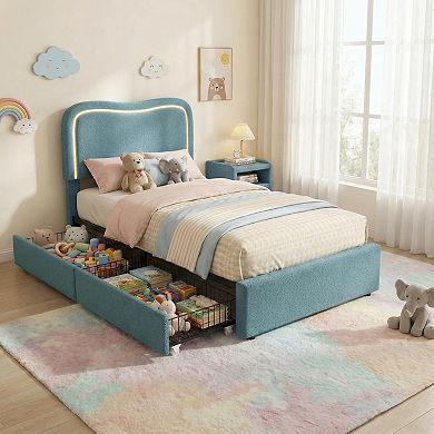 Modern Boucle Upholstered Bed Frame w/LED Headboard & 2 Storage Drawers, No Box Spring Needed