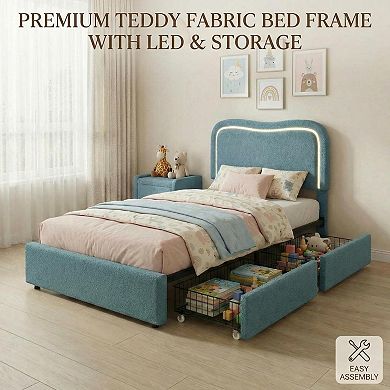 Modern Boucle Upholstered Bed Frame w/LED Headboard & 2 Storage Drawers, No Box Spring Needed
