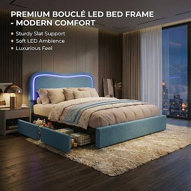 Modern Boucle Upholstered Bed Frame w/LED Headboard & 2 Storage Drawers, No Box Spring Needed