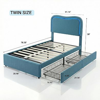 Modern Boucle Upholstered Bed Frame w/LED Headboard & 2 Storage Drawers, No Box Spring Needed