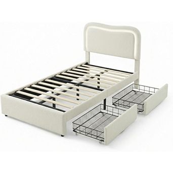 Modern Boucle Upholstered Bed Frame w/LED Headboard & 2 Storage Drawers, No Box Spring Needed