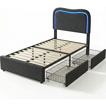 Modern Boucle Upholstered Bed Frame w/LED Headboard & 2 Storage Drawers, No Box Spring Needed