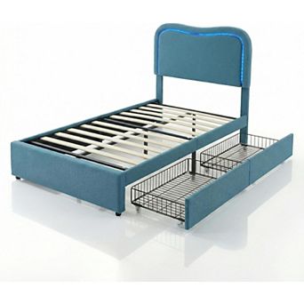 Modern Boucle Upholstered Bed Frame w/LED Headboard & 2 Storage Drawers, No Box Spring Needed