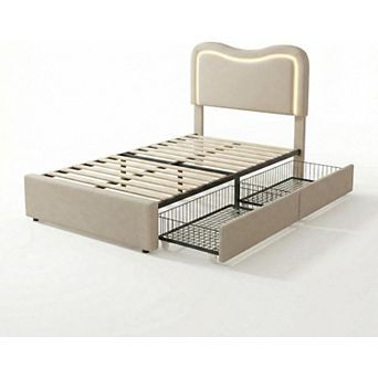 Modern Boucle Upholstered Bed Frame w/LED Headboard & 2 Storage Drawers, No Box Spring Needed