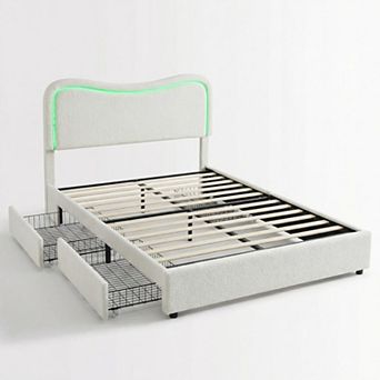 Modern Boucle Upholstered Bed Frame w/LED Headboard & 2 Storage Drawers, No Box Spring Needed