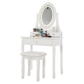 Modern White Vanity Desk with LED Mirror
