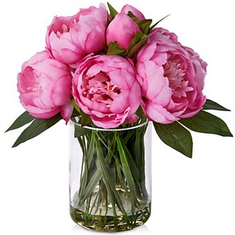 VeriNatural Artificial Peonies in Glass Vase, Faux Silk Floral Arrangement for Home Decor