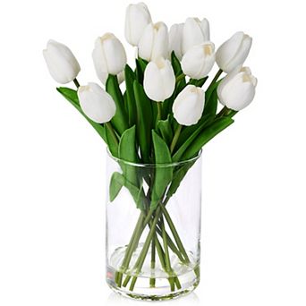 VeriNatural Artificial Tulips Flower Arrangement in Glass Vase, Faux Flowers for Spring Floral Decor