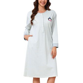 Women's Maternity Nightgown Built-in Bra Long Sleeve Buttons Maxi Striped Pajama Dress with Pockets