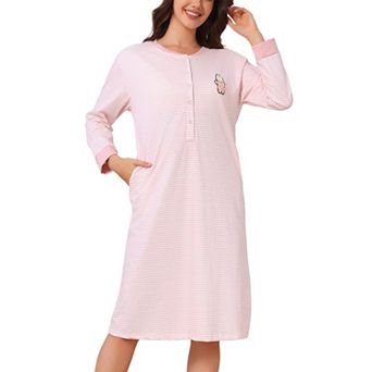Women's Maternity Nightgown Built-in Bra Long Sleeve Buttons Maxi Striped Pajama Dress with Pockets