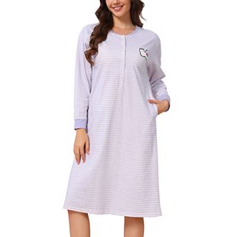 Women's Maternity Nightgown Built-in Bra Long Sleeve Buttons Maxi Striped Pajama Dress with Pockets
