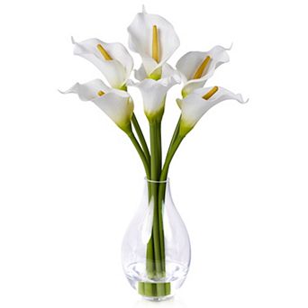 VeriNatural Calla Lily Artificial Flowers with Glass Vase, Faux Floral Arrangement for Home Office