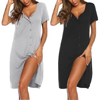 Ekouaer Women's Nightgowns Short Sleeve Sleepdress 2 Pack Button Up Nightshirt Sleepwear