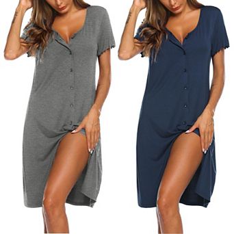 Ekouaer Women's Nightgowns Short Sleeve Sleepdress 2 Pack Button Up Nightshirt Sleepwear