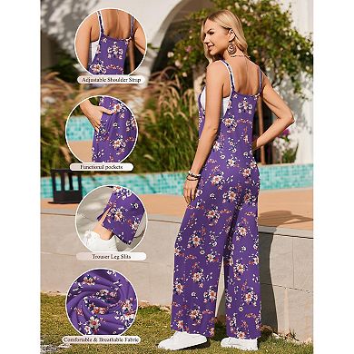 Ekouaer Womens Sleeveless Jumpsuits Summer Boho Wide Leg Floral Rompers Overalls with Pockets