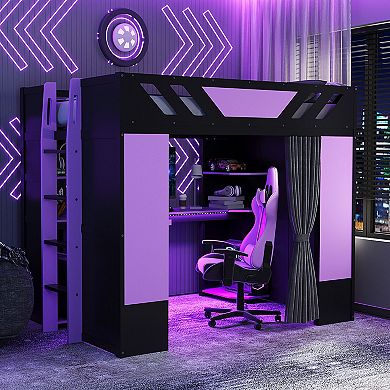Merax Full Size Wood Loft Bed with,Shelves,Blackout Curtains,and RGB Lights