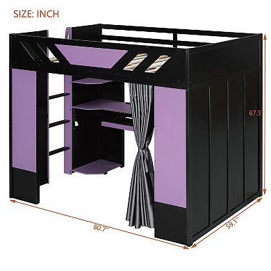 Merax Full Size Wood Loft Bed with,Shelves,Blackout Curtains,and RGB Lights