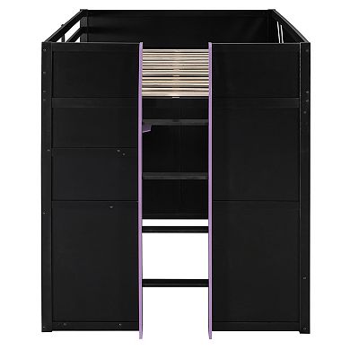 Merax Full Size Wood Loft Bed with,Shelves,Blackout Curtains,and RGB Lights