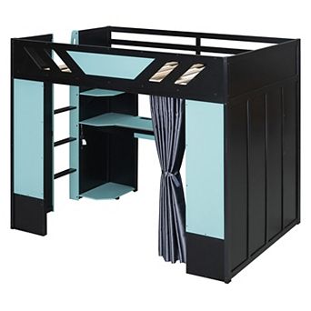 Merax Full Size Wood Loft Bed with,Shelves,Blackout Curtains,and RGB Lights
