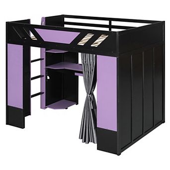 Merax Full Size Wood Loft Bed with,Shelves,Blackout Curtains,and RGB Lights