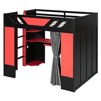 Merax Full Size Wood Loft Bed with,Shelves,Blackout Curtains,and RGB Lights