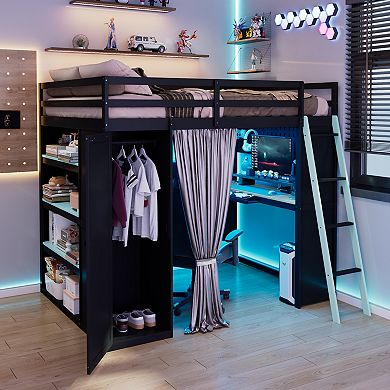 Merax Full Size Wood Loft Bed with,Wardrobe,Shelves,Blackout Curtains