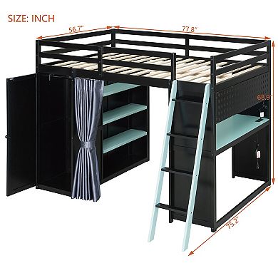 Merax Full Size Wood Loft Bed with,Wardrobe,Shelves,Blackout Curtains