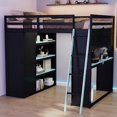 Merax Full Size Wood Loft Bed with,Wardrobe,Shelves,Blackout Curtains